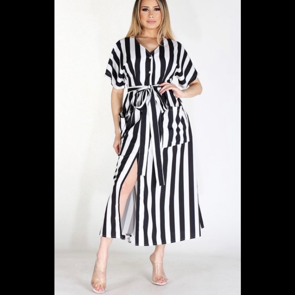 Black and white stripe fit and flare dress.
